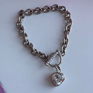 Stainless Steel Silver Heart Charm Toggle Bracelet